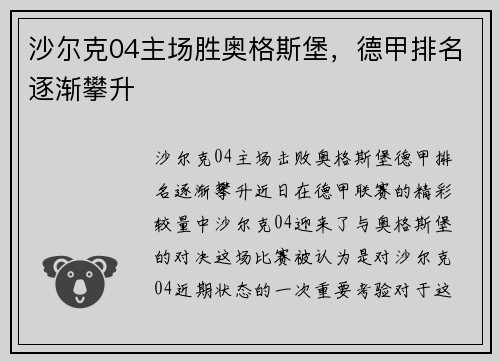 沙尔克04主场胜奥格斯堡，德甲排名逐渐攀升