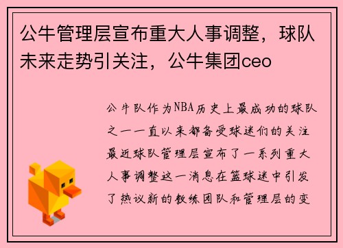 公牛管理层宣布重大人事调整，球队未来走势引关注，公牛集团ceo