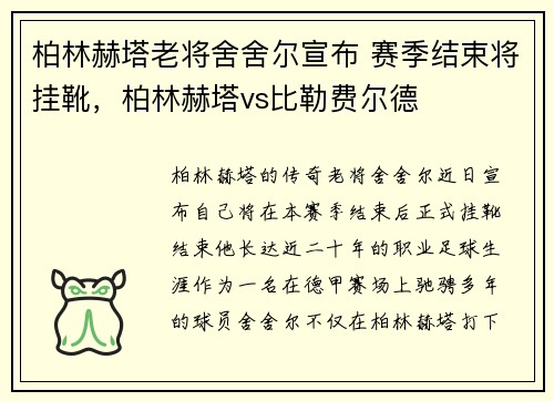 柏林赫塔老将舍舍尔宣布 赛季结束将挂靴，柏林赫塔vs比勒费尔德