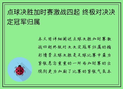 点球决胜加时赛激战四起 终极对决决定冠军归属