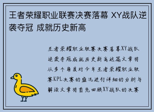 王者荣耀职业联赛决赛落幕 XY战队逆袭夺冠 成就历史新高