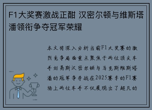 F1大奖赛激战正酣 汉密尔顿与维斯塔潘领衔争夺冠军荣耀