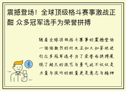 震撼登场！全球顶级格斗赛事激战正酣 众多冠军选手为荣誉拼搏