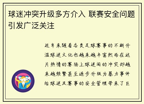 球迷冲突升级多方介入 联赛安全问题引发广泛关注