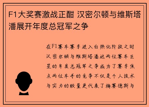 F1大奖赛激战正酣 汉密尔顿与维斯塔潘展开年度总冠军之争